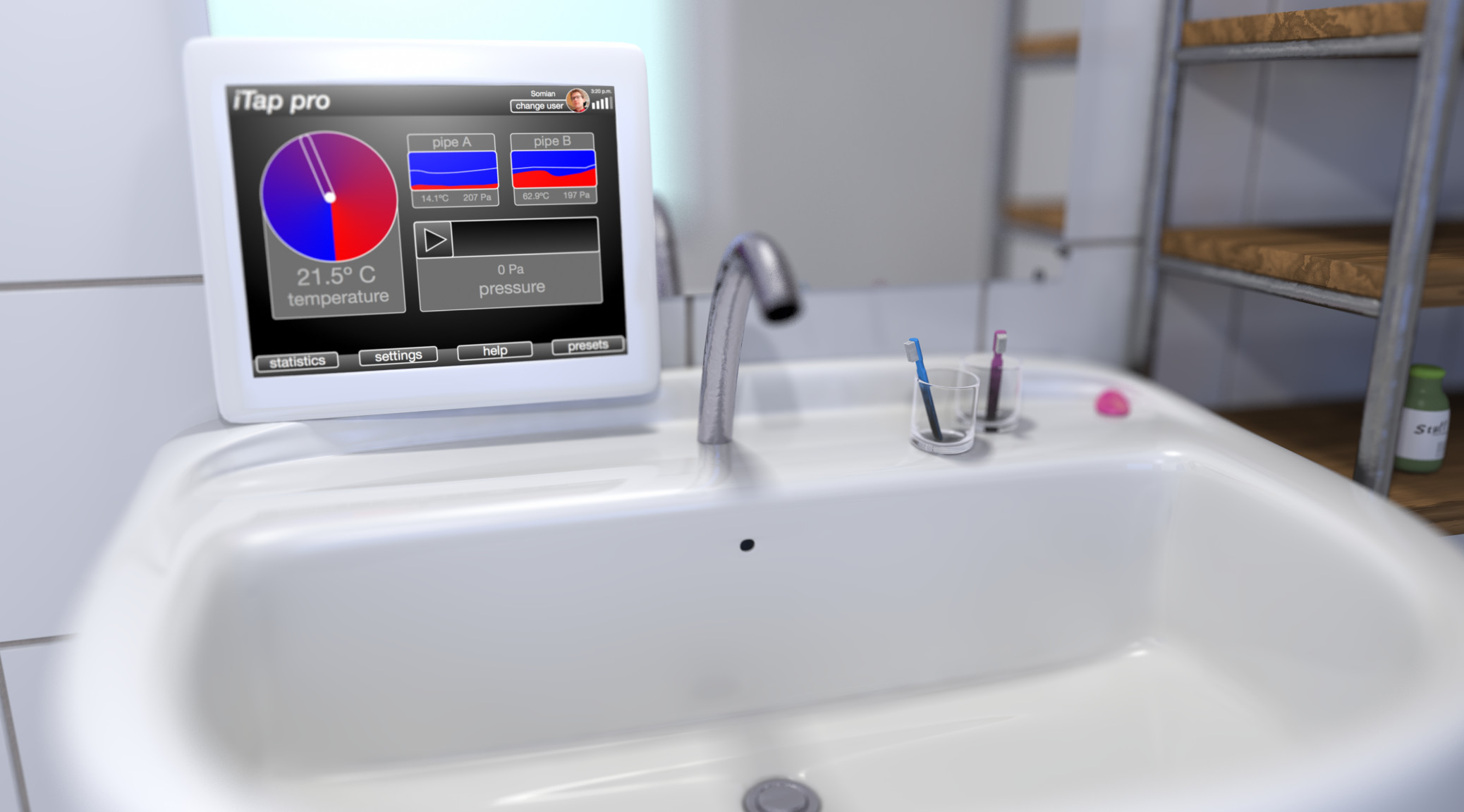 A picture of a faucet that is controlled via a touchscreen showing unecessary charts.