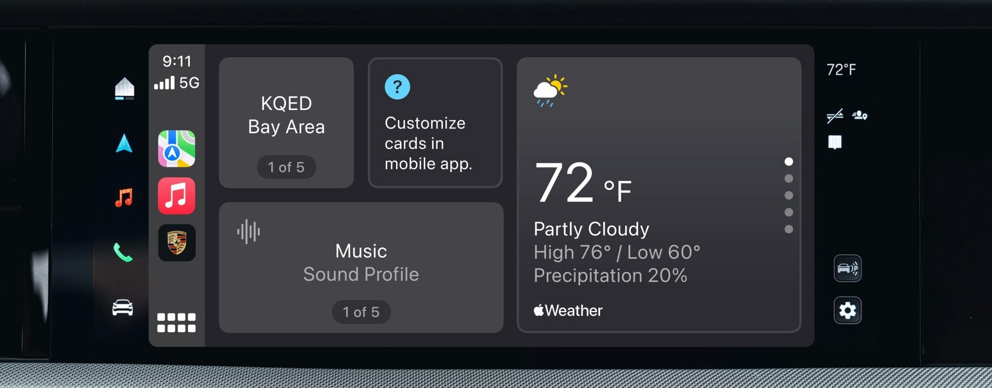 A screen in a Porsche showing the native user interface, with user interface coming from CarPlay in the middle, but the CarPlay UI shows an app running Porsche UI.